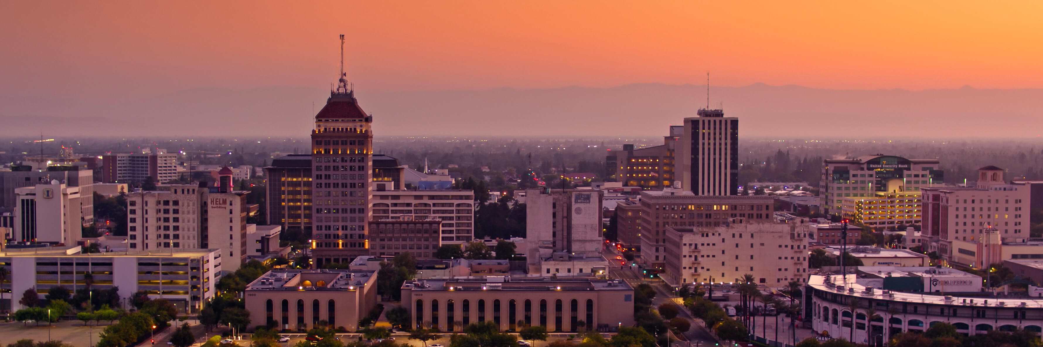 Aerial shot of Fresno, California at sunrise in autumn. Fresno, California is the county seat of Fresno County and largest city in California's Central Valley.