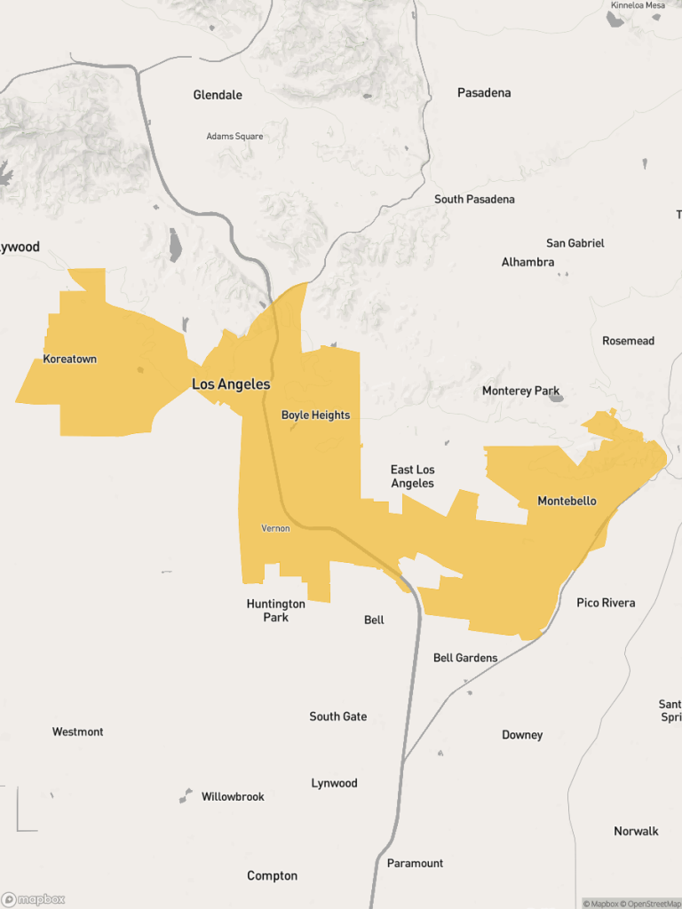 View of map with yellow overlay for Assembly District 54 boundaries.