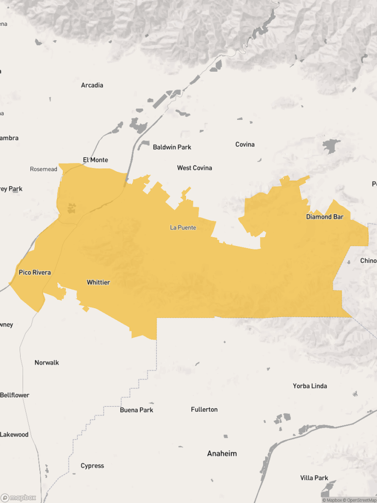 View of map with yellow overlay for Assembly District 56 boundaries.