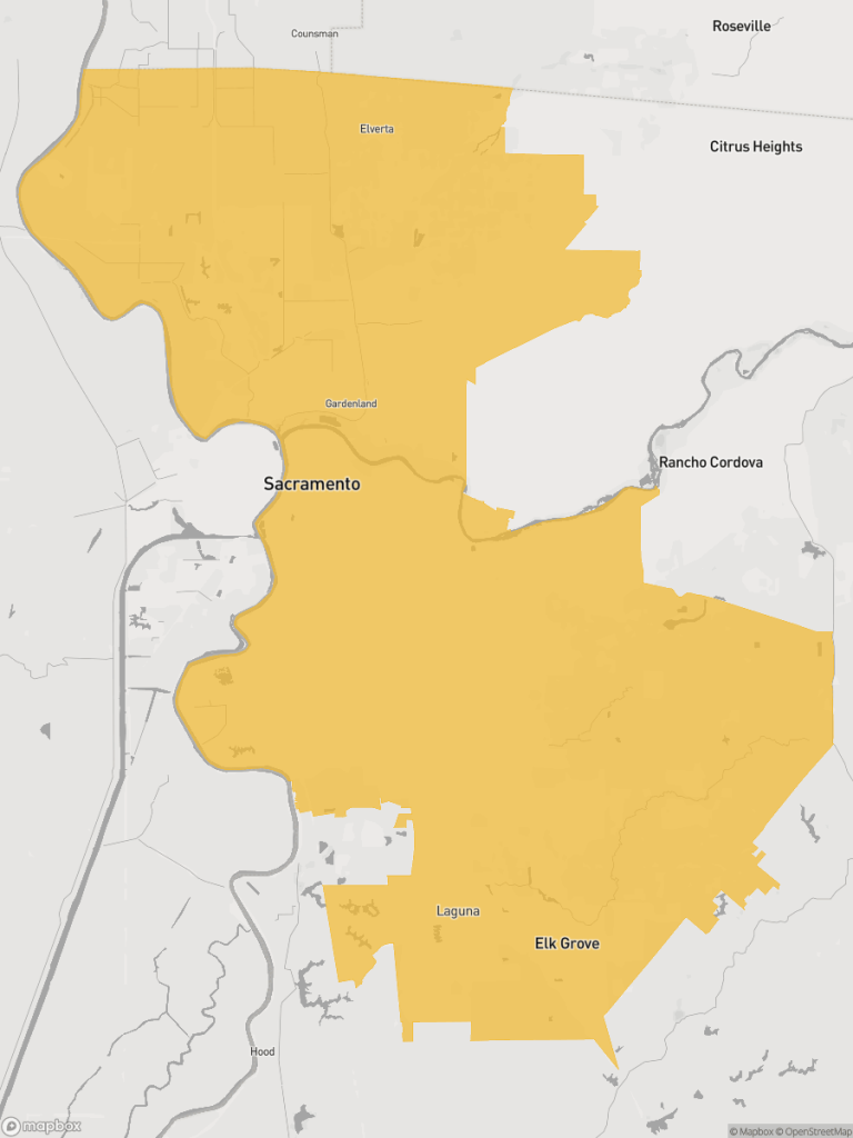 View of map with yellow overlay for Senate District 8 boundaries.