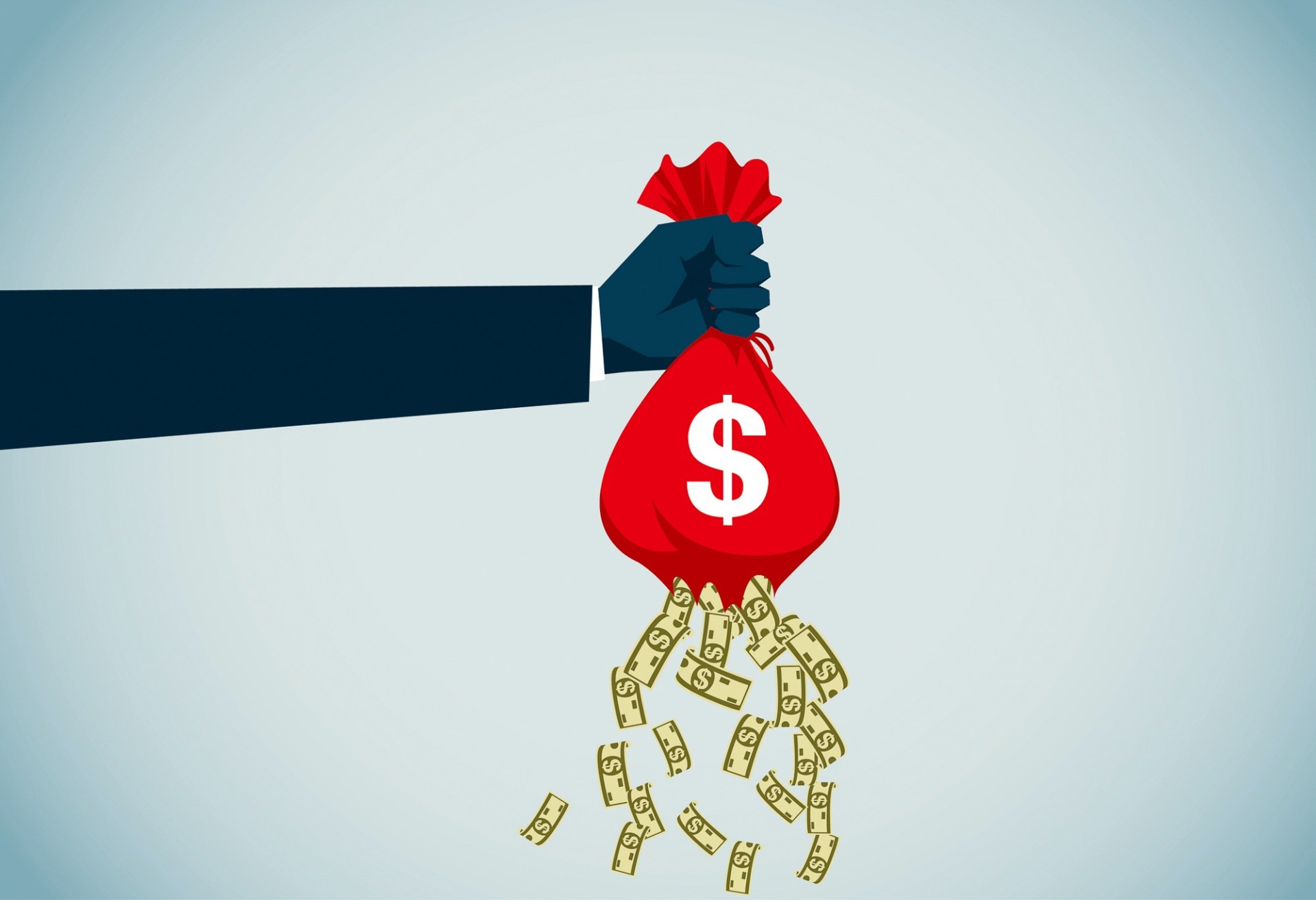 Illustrated image of hand holding a bag of money with money falling out of the bottom